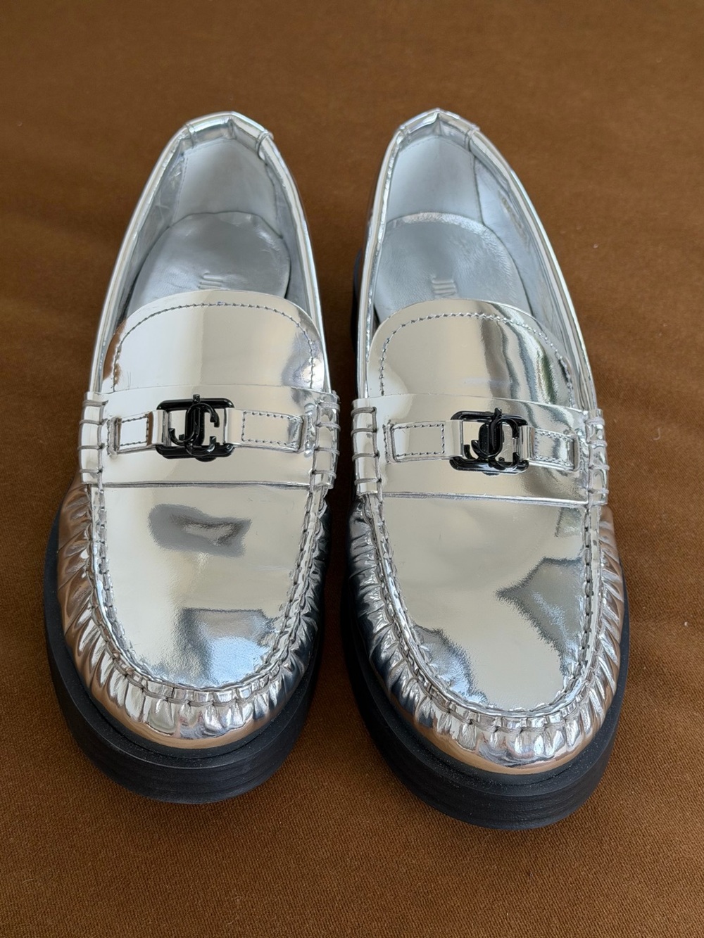 Jimmy Choo Silver Leather Loafers 100% AUTHENTIC| Women 9US/40EU | new